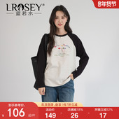 插肩袖 蓝若水大码 上衣 新款 美式 女装 撞色拼接字母刺绣T恤2026春装