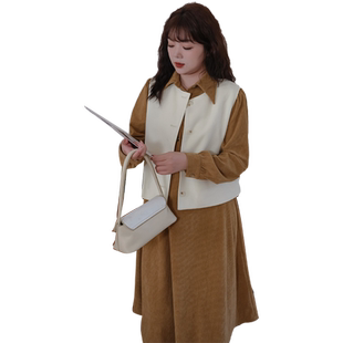 【清仓特惠】大码女装胖mm春装灯芯绒连衣裙修身显瘦翻领打底裙