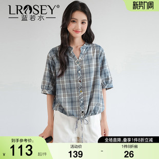 女装 新款 半袖 胖MM2026夏装 设计感系带上衣 V领格纹衬衫 蓝若水大码