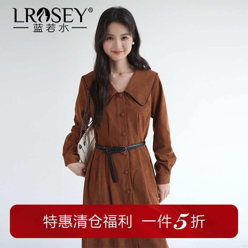 蓝若水复古连衣裙显瘦灯芯绒长裙