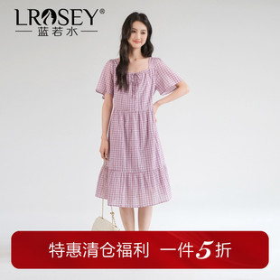 气质优雅遮肚子连衣裙 高腰方领格纹a字裙胖mm夏装 蓝若水大码 女装