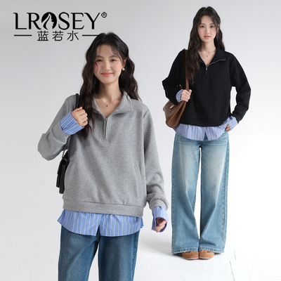 蓝若水韩系假两件宽松显瘦上衣