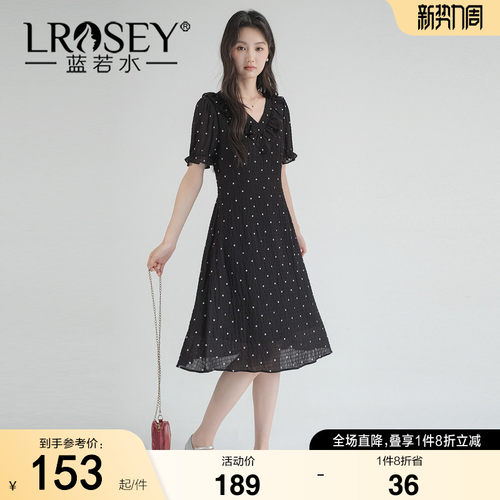 蓝若水修身显瘦减龄波点连衣裙