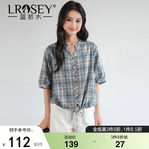 蓝若水大码女装半袖V领格纹衬衫胖MM2025夏装新款设计感系带上衣
