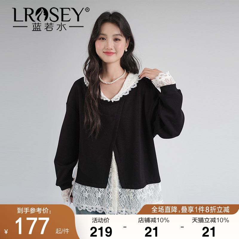 蓝若水蕾丝拼接卫衣假两件上衣