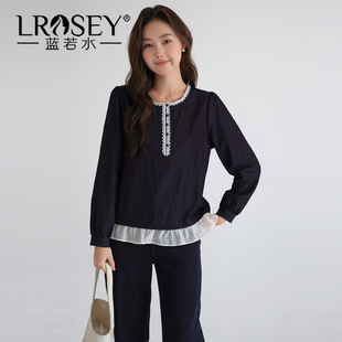 简约刺绣圆领长袖 新款 衬衫 2026春装 遮肚子藏肉上衣 蓝若水大码