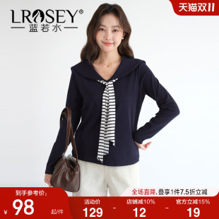 海军领条纹针织T恤 减龄修身 蓝若水大码 新款 韩系上衣 2025秋装