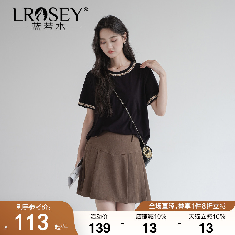 蓝若水设计感钉珠圆领短袖T恤