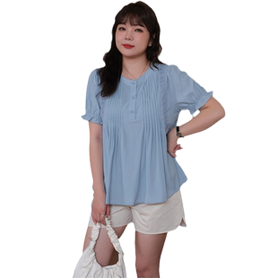 蓝若水大码女装设计感压褶别致刺绣衬衫显瘦宽松胖MM夏装藏肉上衣