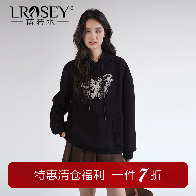 蓝若水大码女装蝴蝶印花连帽加绒卫衣胖mm冬季新款宽松保暖上衣,女装/女士精品,大码内搭,淘宝优惠券,粉丝福利购,淘宝优惠卷