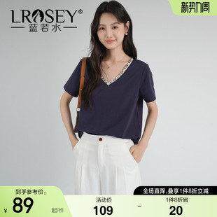 胖MM重工钉珠V领上衣小众高级短袖 蓝若水大码 新款 2026夏季 T恤 女装