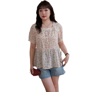 蓝若水大码女装蕾丝方领碎花雪纺衫胖mm夏装甜美小个子显瘦上衣