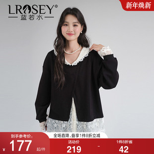 新款 春装 蓝若水大码 小个子拼接上衣 高级感蕾丝V领假两件卫衣