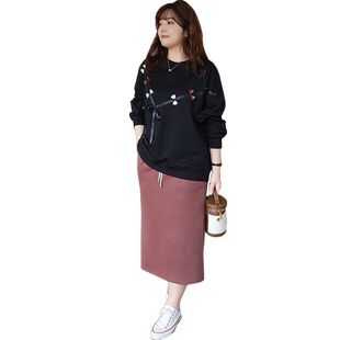 蓝若水大码女装胖mm春装新款减龄蝴蝶结加绒保暖卫衣宽松别致上衣