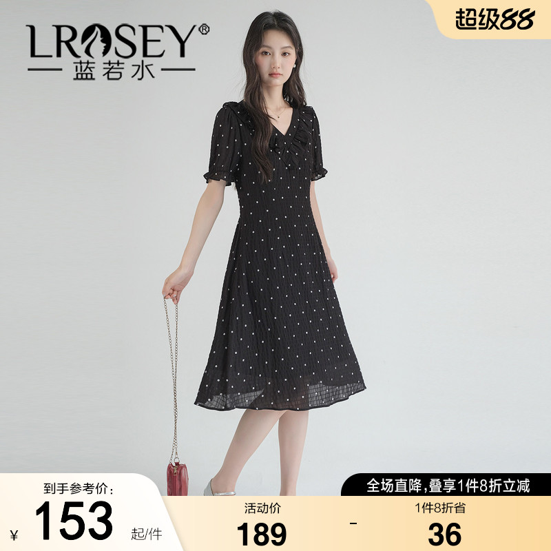 蓝若水大码女装荷叶边V领波点雪纺裙2026夏装新款胖MM收腰连衣裙