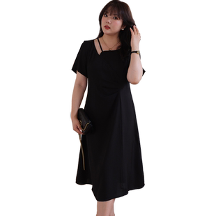 蓝若水大码女装方领抽褶连衣裙胖MM夏装显瘦收腰法式赫本风小黑裙