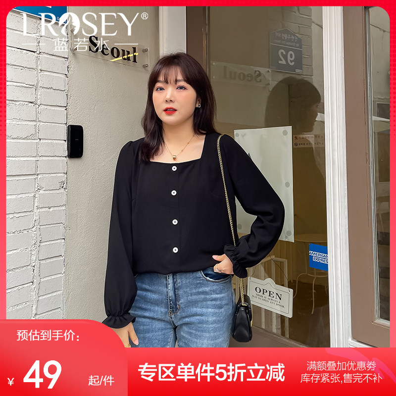 蓝若水大码女装秋季新款复古方领雪纺衫胖mm遮肚显瘦七分袖上衣