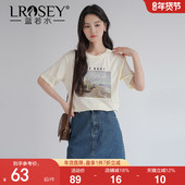 新款 减龄穿搭上衣ins 蓝若水大码 2026夏装 舒适宽松印花短袖 T恤