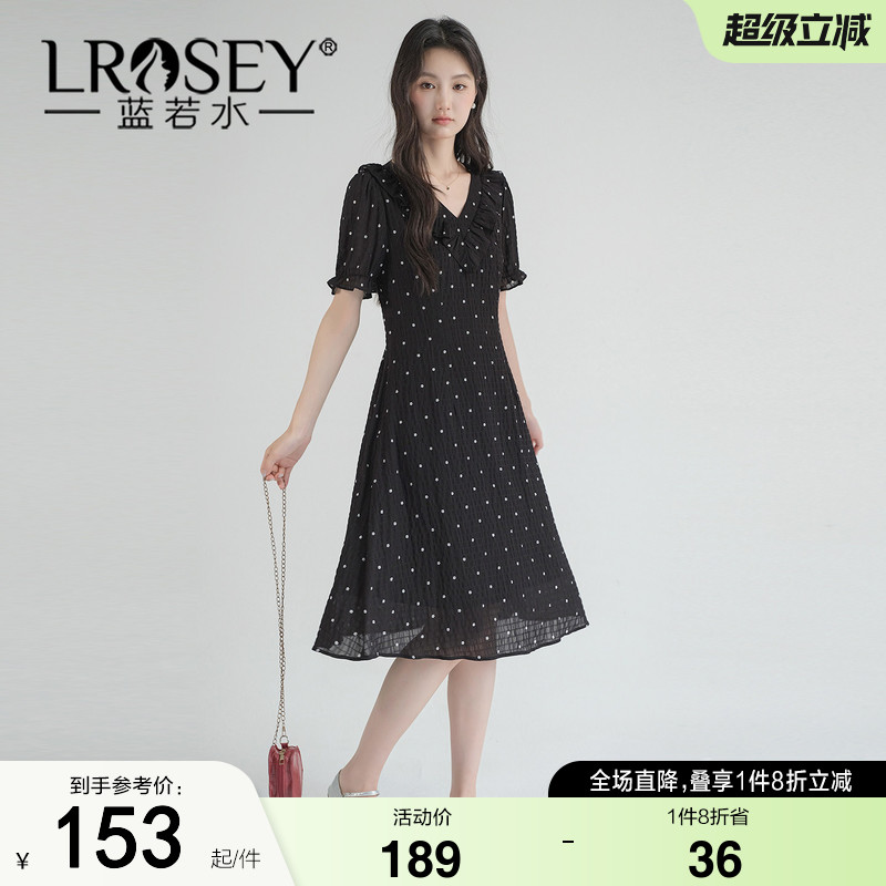 蓝若水大码女装荷叶边V领波点雪纺裙2026夏装新款胖MM收腰连衣裙