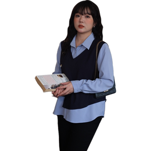 蓝若水大码春装新款小众设计拼接假两件上衣胖mm显瘦叠穿翻领衬衫