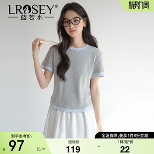 胖MM显瘦短款 蓝若水大码 新款 假两件圆领条纹T恤2026夏装 上衣 女装