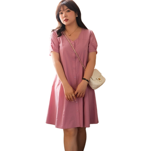 蓝若水大码女装V领连衣裙胖mm夏装小个子宽松遮肚显瘦藏肉中长裙