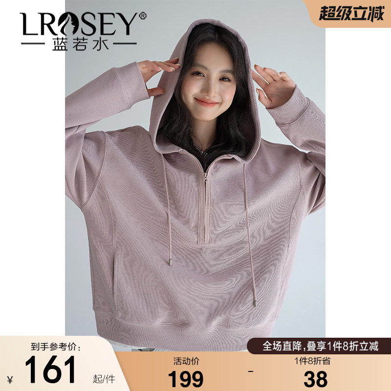 蓝若水大码女装美式半拉链连帽套头卫衣胖mm2026秋装新款慵懒上衣