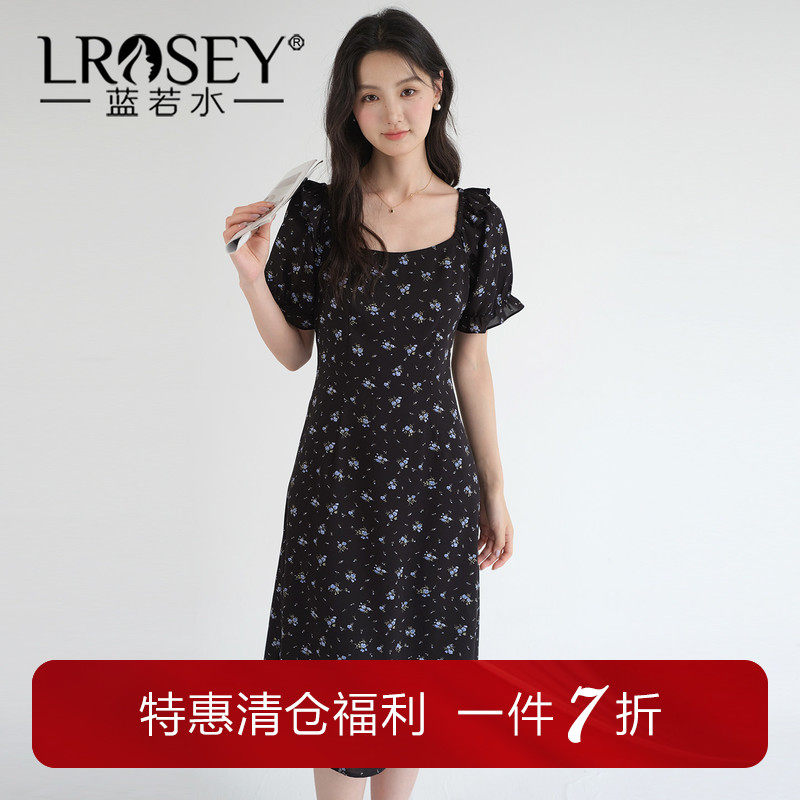 蓝若水大码女装雪纺连衣裙2026夏装新款胖MM收腰方领泡泡袖碎花裙