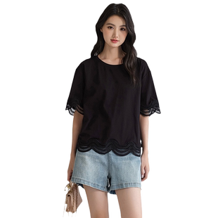 蓝若水大码女装镂空蕾丝拼接短袖T恤夏季新品胖mm显瘦设计感上衣