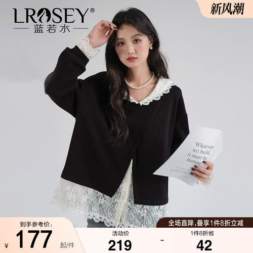 蓝若水蕾丝拼接卫衣假两件上衣