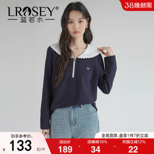 【珠地棉刺绣海军领小衫】蓝若水大码2026春装新款半拉链针织上衣