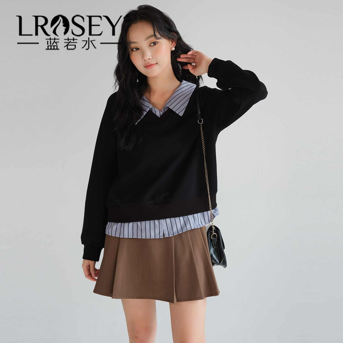 蓝若水设计感假两件显瘦上衣