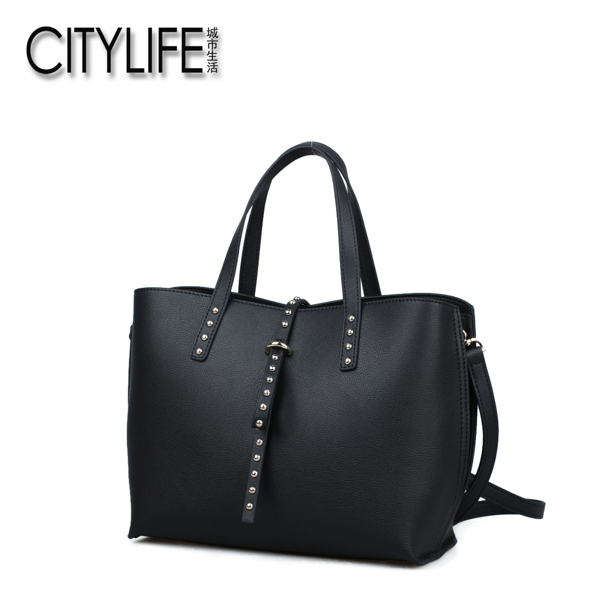 城市生活CITYLIFE包包新款牛皮鉚釘手提包歐美風通勤女包