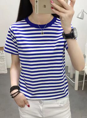 夏季海魂衫女短袖t恤大情侣装水手服条纹半袖纯棉班服聚会服T恤