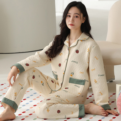 纯棉空气棉夹层睡衣女冬季加大加厚保暖套装2025新款可外穿家居服