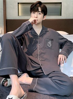 睡衣男春秋款纯棉长袖大码男款格子薄款高档全棉家居服套装