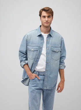 土耳其mavi蓝色长袖复古翻领牛仔衬衫外套男