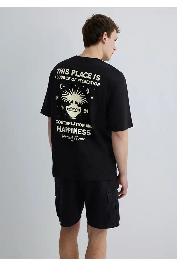 土耳其mavi男士黑色纯棉背后印花短袖T恤宽松男装帅气