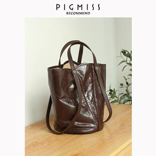 【PIGMISS】水桶包女高级感小众单肩斜挎头层牛皮通勤手提托特包