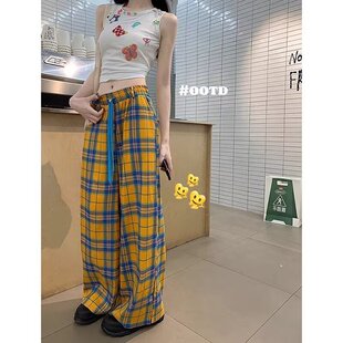 多巴胺格子裤女夏季薄款日系复古慵懒阔腿裤直筒休闲长裤宽松裤子