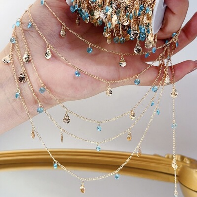 DIY链子 拾贝少女海蓝宝锆石贝壳链条海洋风流苏链Lolita服装材料