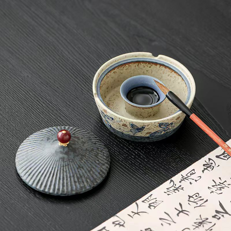 火石红一品官帽陶瓷火锅砚台带盖不干墨池墨盒初学者毛笔书法专用图片