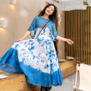 云南大理手工扎染刺绣套头衫 裙 纯棉半身裙休闲文艺复古蓝染套装
