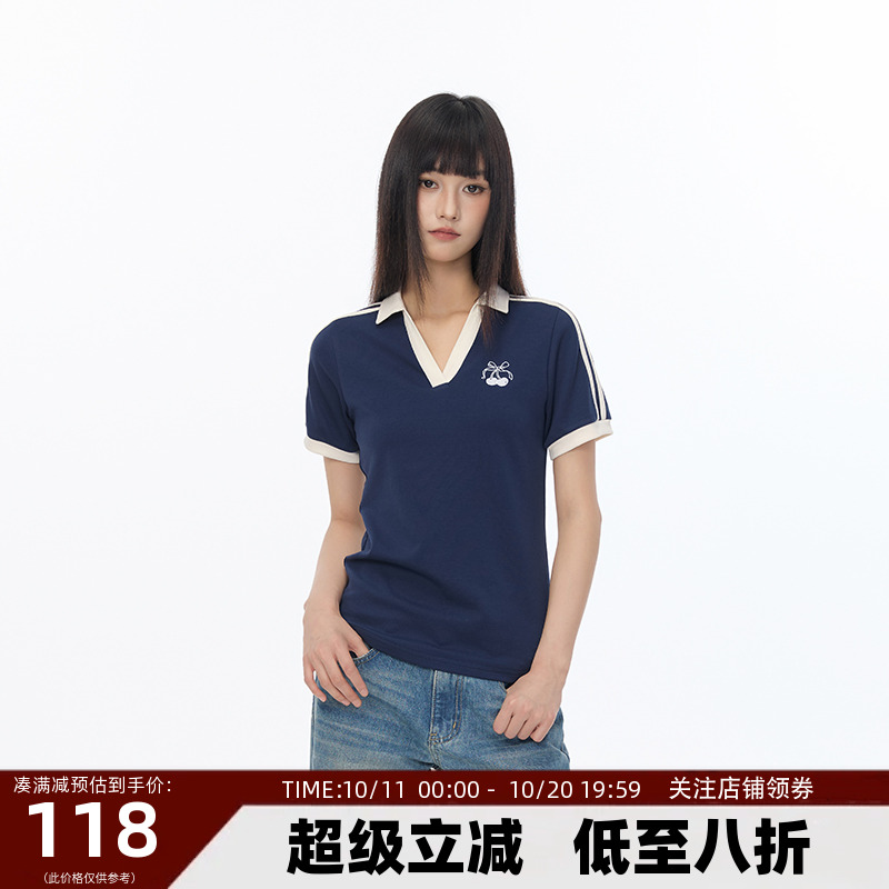 【Endweep官方店】樱桃刺绣辣妹polo领短袖夏季修身女款显瘦上衣