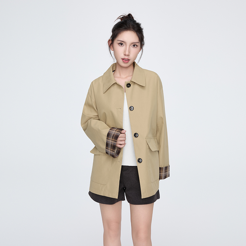 KSXN韩系格纹拼接风衣