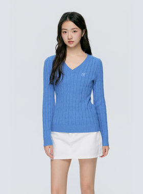 KSXN 蓝色V领针织衫女高级感针织长袖简约百搭打底上衣