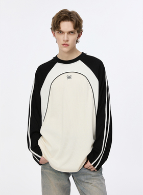 Endweep三色拼接撞色长袖T恤男女秋冬国潮美式宽松休闲情侣上衣