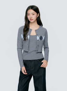 KSXN 菱格纹针织开衫两件套春秋季设计感短款修身显瘦上衣外套