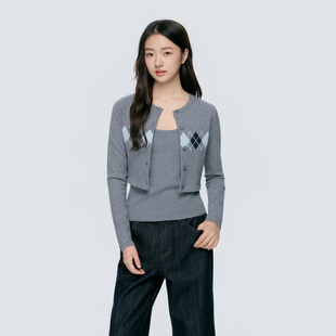 KSXN 菱格纹针织开衫两件套春秋季设计感短款修身显瘦上衣外套