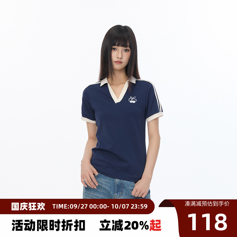 【Endweep官方店】樱桃刺绣辣妹polo领短袖夏季修身女款显瘦上衣
